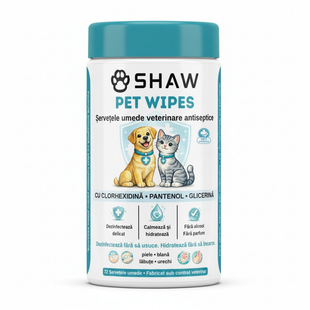 Servetele umede cu clorhexidina pentru caini si pisici, SHAW, Dezinfectare si hidratare zilnica