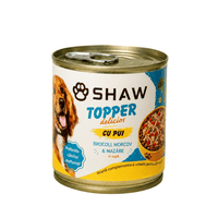 Topper premium pentru câini SHAW cu piept de pui, morcov, broccoli și mazăre în supă, hrană umedă complementară, 170 g