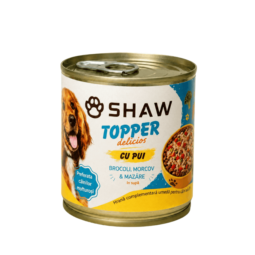 Topper premium pentru câini SHAW cu piept de pui, morcov, broccoli și mazăre în supă, hrană umedă complementară, 170 g