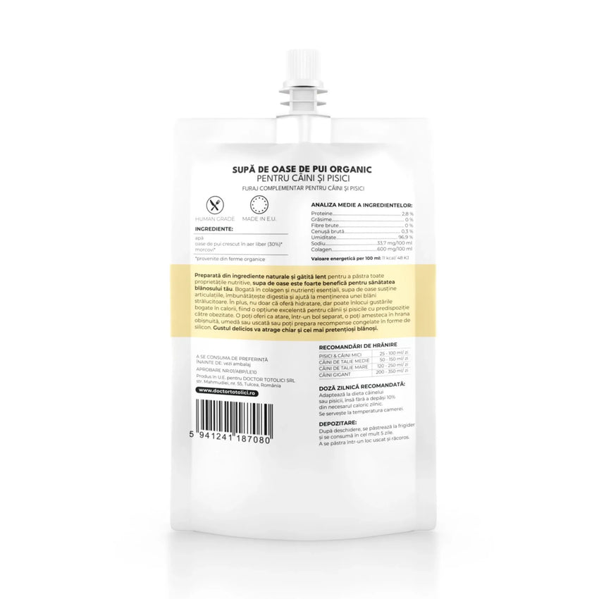 Supa de oase de pui organic pentru caini si pisici Doctor Totolici, cu dop resigilabil, 150ml