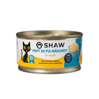 Hrana umeda premium SHAW pentru pisici adulte si mofturoase cu piept de pui maruntit in supa, fara cereale, 80g