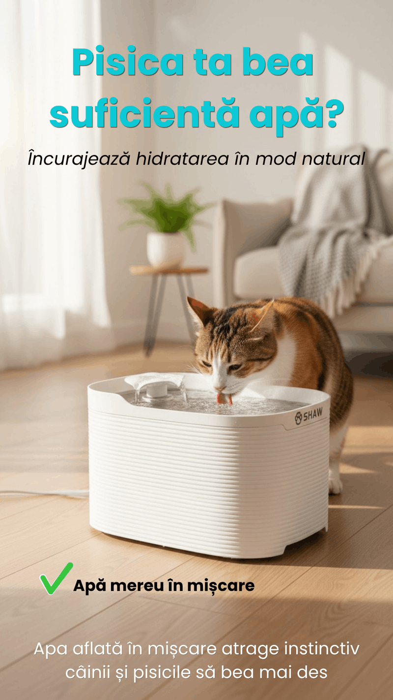 Fantana automata de apa SHAW Fresh pentru caini si pisici, tava din inox, capacitate 2.5L, pompa silentioasa, apa filtrata continuu