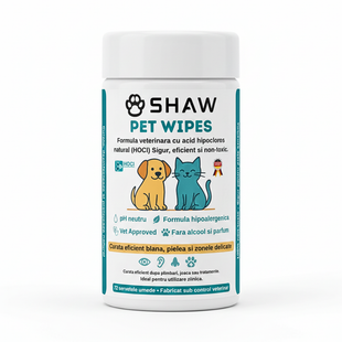 Servetele umede SHAW Pet Wipes pentru caini si pisici, cu acid hipocloros HOCl, non-toxic, hipoalergenic, vet approved