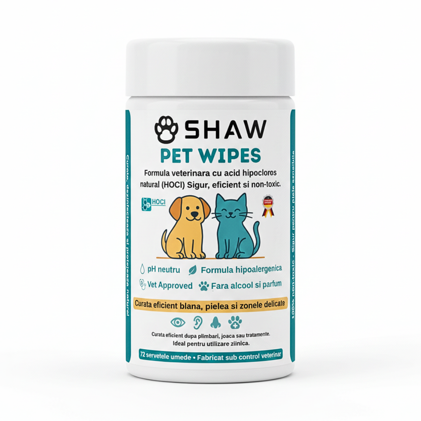 Servetele umede SHAW Pet Wipes pentru caini si pisici, cu acid hipocloros HOCl, non-toxic, hipoalergenic, vet approved