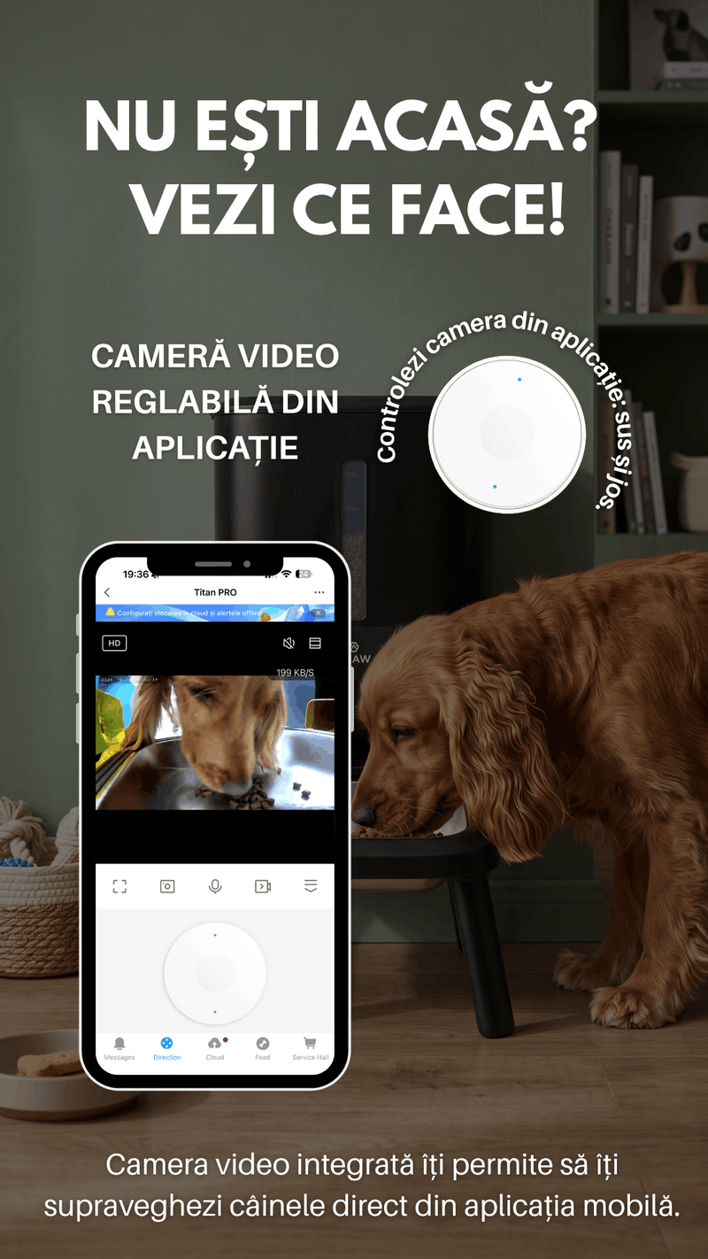 Hranitor automat smart SHAW® Titan PRO pentru caini, aplicatie mobila, camera video, 15L, programare hranire, negru