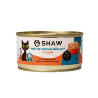 Hrana umeda premium SHAW pentru pisici adulte si mofturoase cu piept de curcan maruntit in supa, fara cereale, 80g