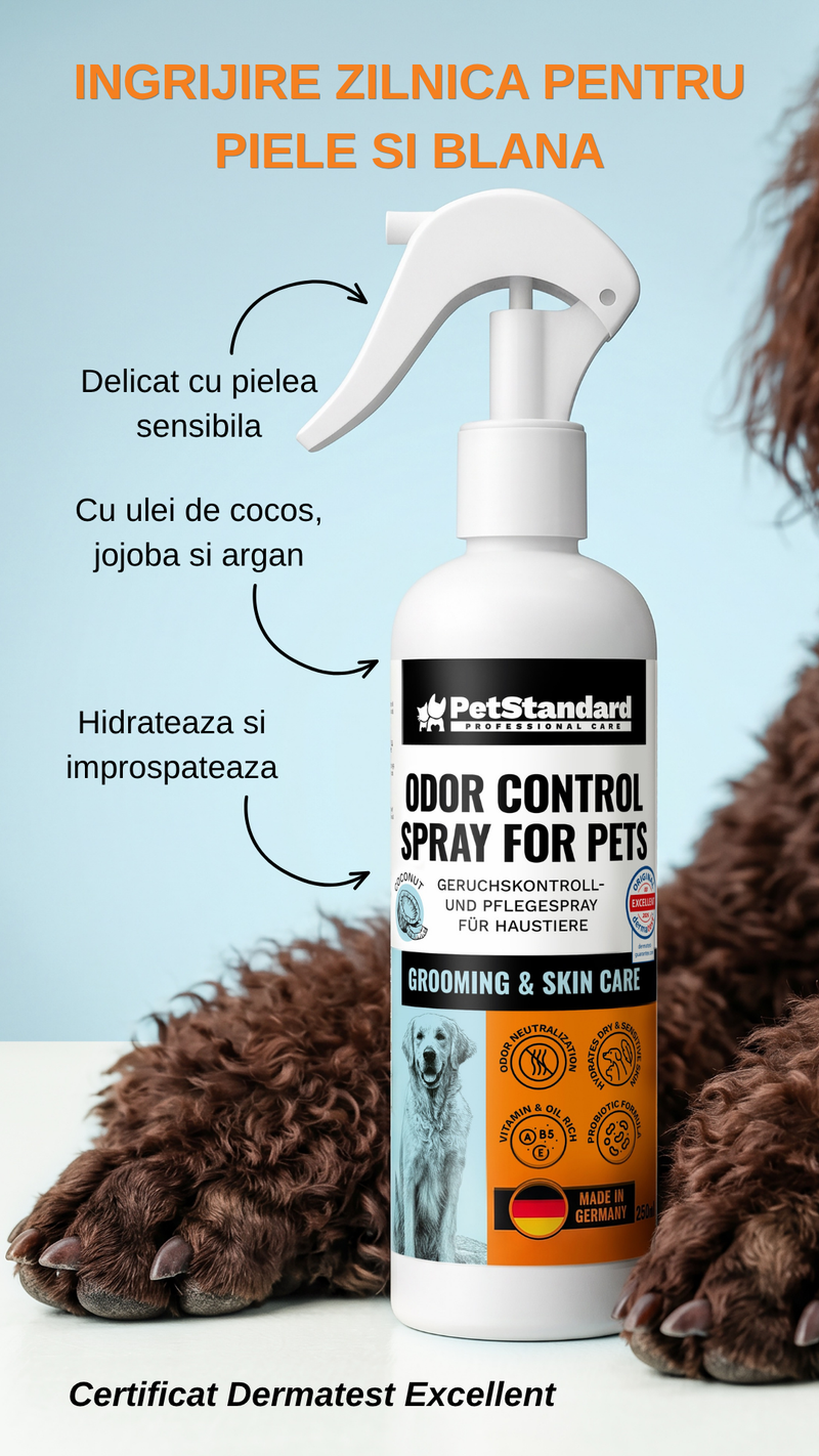 Spray Eliminare Mirosuri pentru Caini si Pisici PetStandard Odor Control 250 ml, cu Probiotice, Vitamine si Ulei de Cocos
