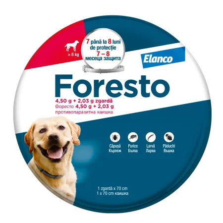 Foresto Zgarda antiparazitara caini peste 8 kg, lungime 70 cm, protectie impotriva puricilor si capuselor