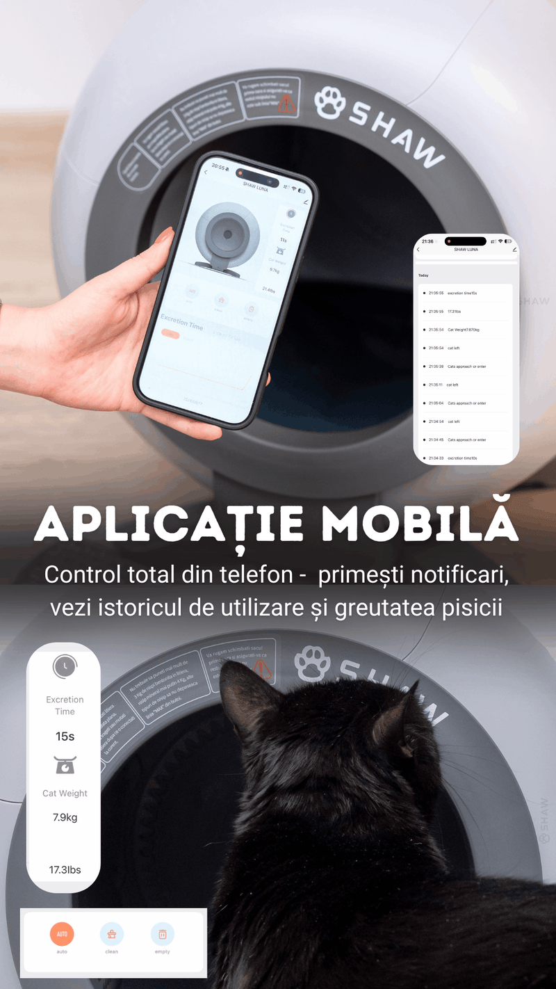 Litiera automata smart SHAW® LUNA pentru pisici, auto-curatare, izolare mirosuri, aplicatie mobila, 9L