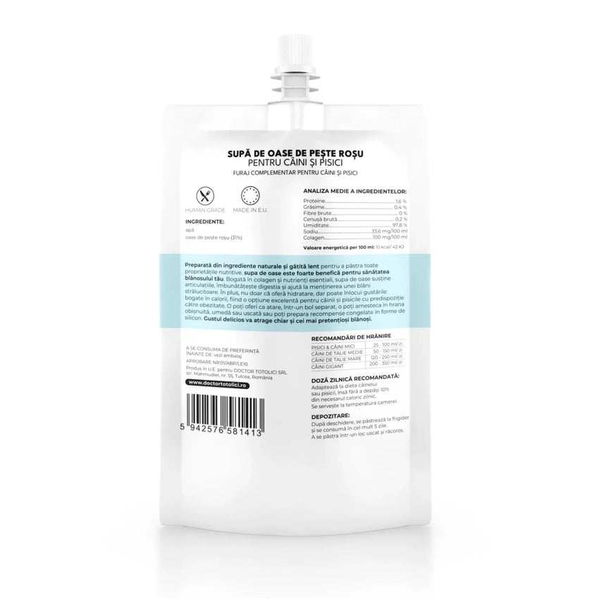 Supa de oase de peste rosu pentru caini si pisici Doctor Totolici, cu dop resigilabil, 150ml