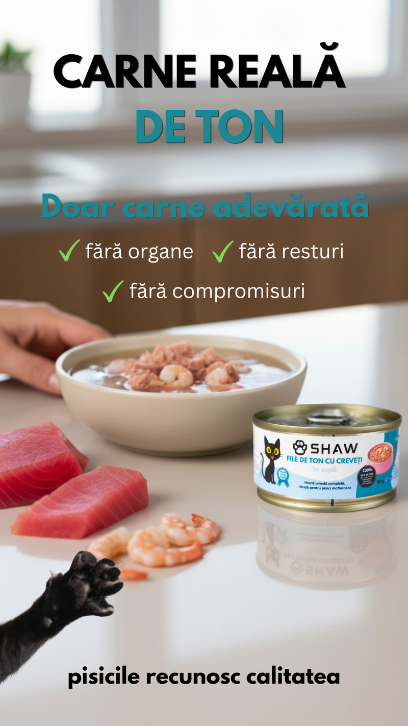 Hrana umeda premium SHAW pentru pisici adulte si mofturoase cu file de ton si creveti in supa, fara cereale, 80g