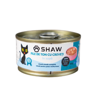 SET 12 buc Hrana umeda premium SHAW pentru pisici adulte si mofturoase cu file de ton si creveti in supa, fara cereale, 80g