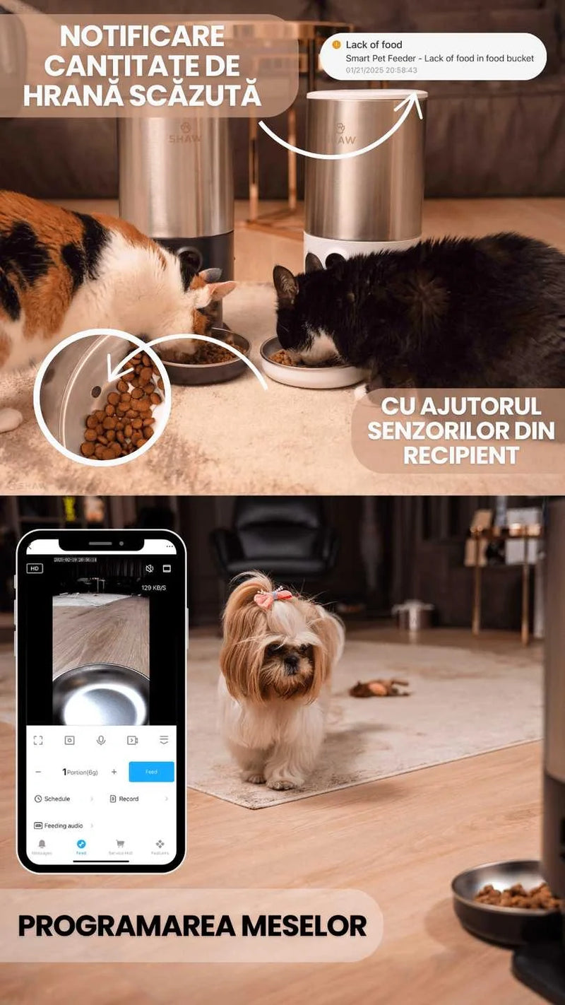 Hranitor automat Smart SHAW® PRO V3 pentru caini si pisici, Aplicatie mobila, Camera video Night Vision, Programare hrana, Negru