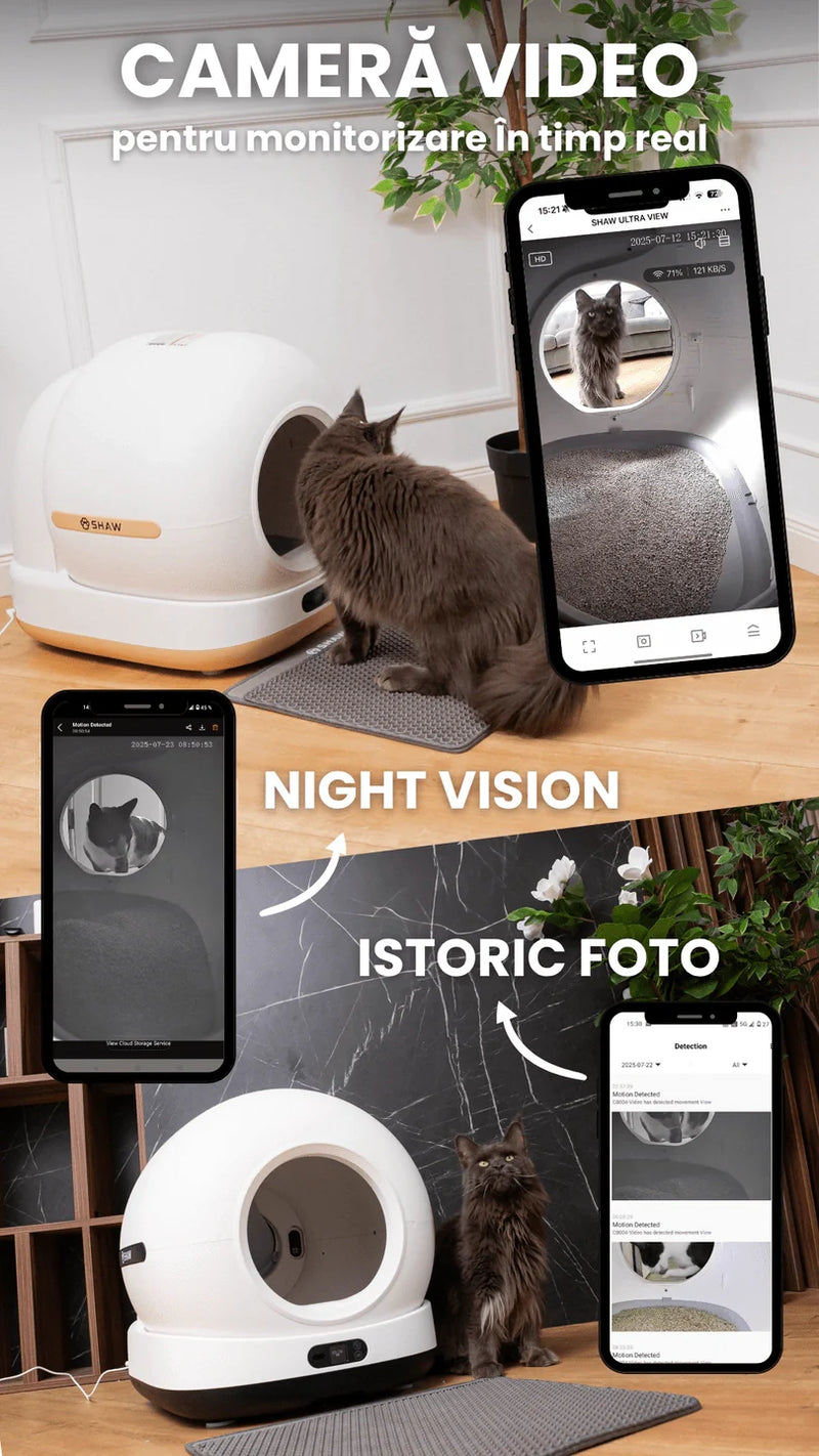 Litiera automata smart SHAW® Ultra View pentru pisici, camera video, auto-curatare, sterilizare UV, odorizant, aplicatie mobila