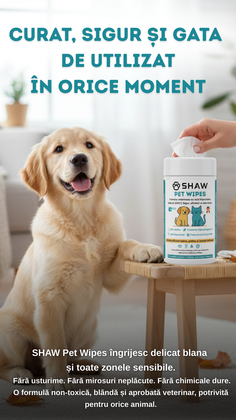 Servetele umede SHAW Pet Wipes pentru caini si pisici, cu acid hipocloros HOCl, non-toxic, hipoalergenic, vet approved