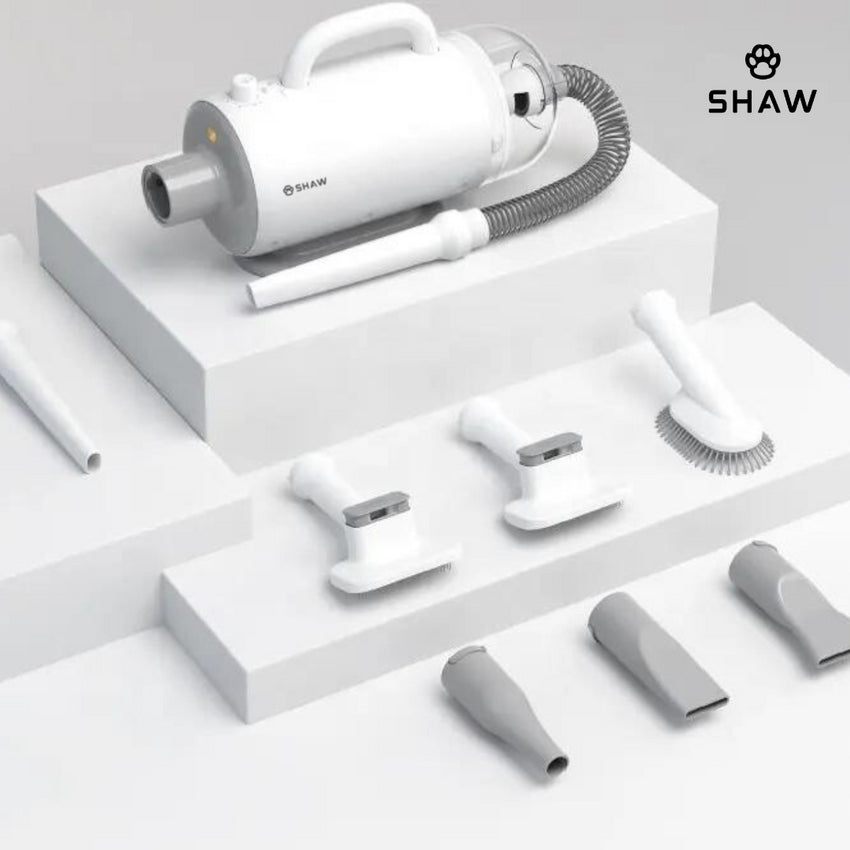 Uscator si aspirator cu perie 3 in 1, SHAW®, pentru caini si pisici, reglare temperatura, ioni negativi, 2000W, Alb