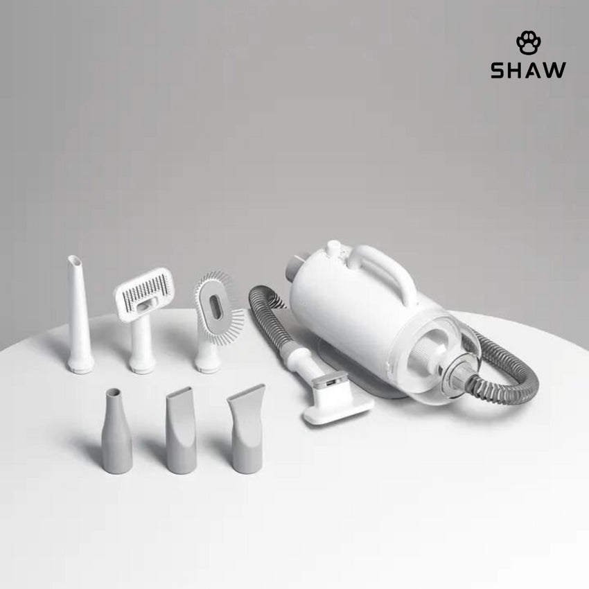 Uscator si aspirator cu perie 3 in 1, SHAW®, pentru caini si pisici, reglare temperatura, ioni negativi, 2000W, Alb