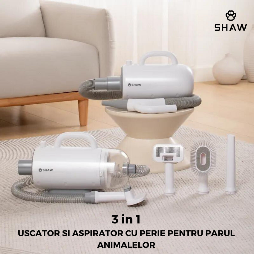 Uscator si aspirator cu perie 3 in 1, SHAW®, pentru caini si pisici, reglare temperatura, ioni negativi, 2000W, Alb