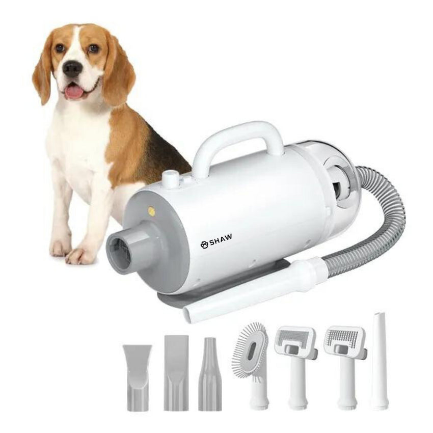 Uscator si aspirator cu perie 3 in 1, SHAW®, pentru caini si pisici, reglare temperatura, ioni negativi, 2000W, Alb
