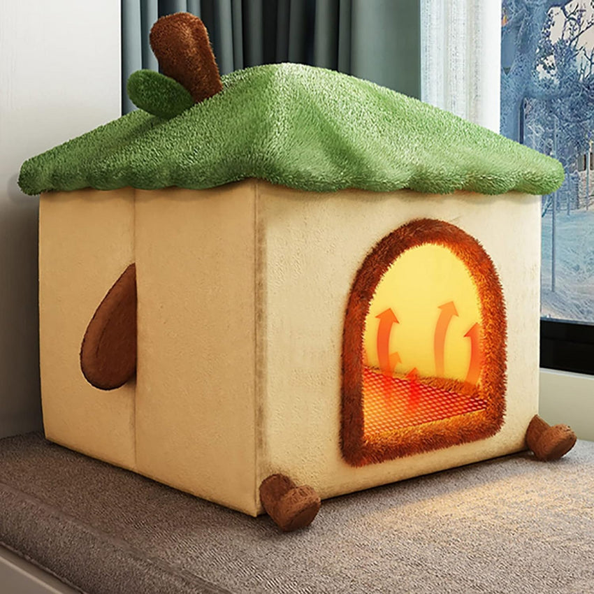 Casuta pufoasa pentru caini si pisici cu 9 trepte de incalzire si telecomanda