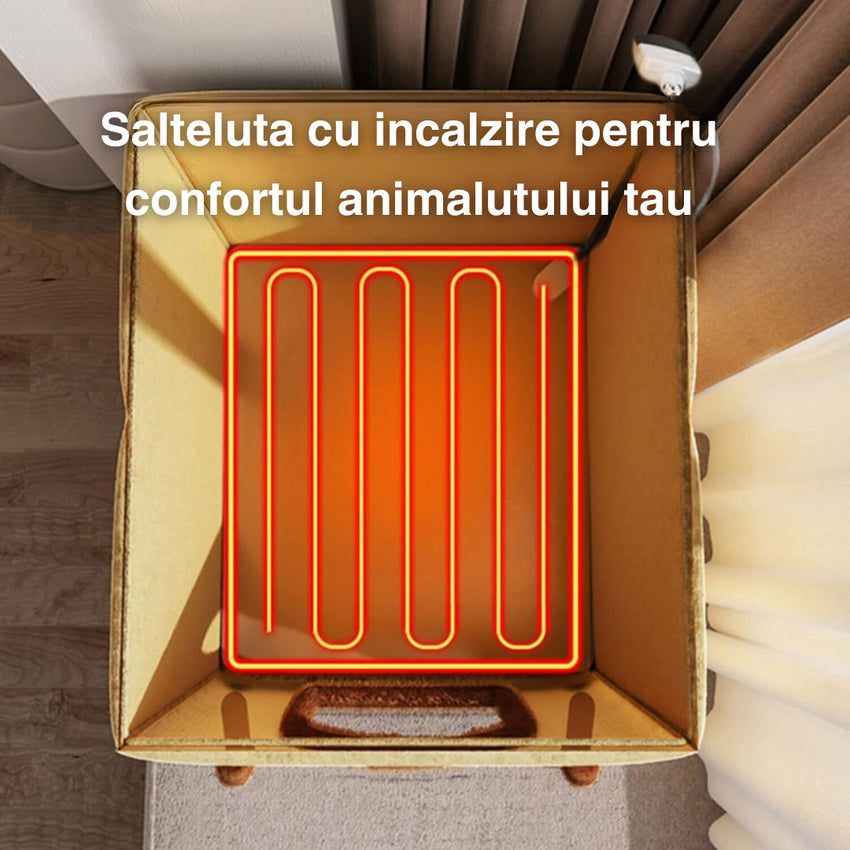 Casuta pufoasa pentru caini si pisici cu 9 trepte de incalzire si telecomanda