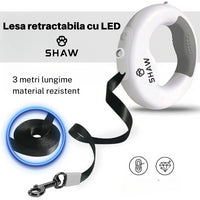 Lesa retractabila cu LED, SHAW®, cu suport si o rola saci gunoi, 3 m