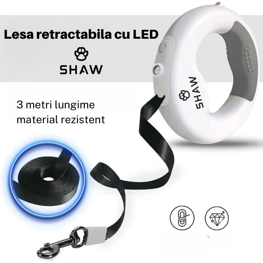 Lesa retractabila cu LED, SHAW®, cu suport si o rola saci gunoi, 3 m