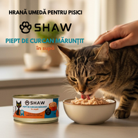 SET 12 - Hrana umeda premium SHAW pentru pisici adulte si mofturoase cu piept de curcan maruntit in supa, fara cereale