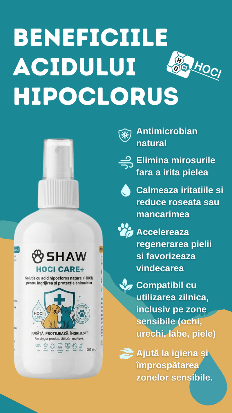 Solutie SHAW cu acid hipocloros HOCl CARE +, pentru caini si pisici, non-toxic, hipoalergenic, fara alcool si parfum