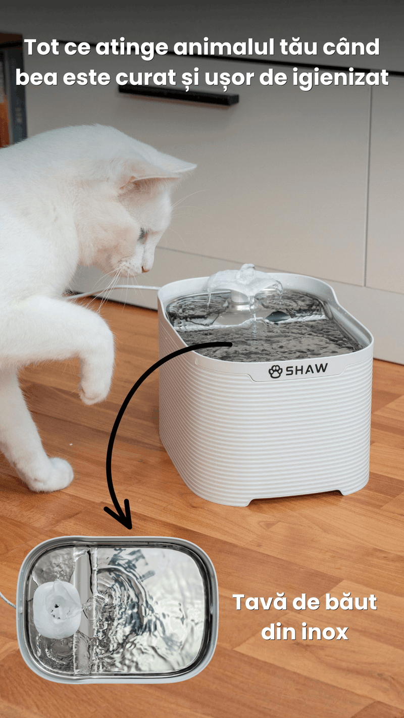 Fantana automata de apa SHAW Fresh pentru caini si pisici, tava din inox, capacitate 2.5L, pompa silentioasa, apa filtrata continuu