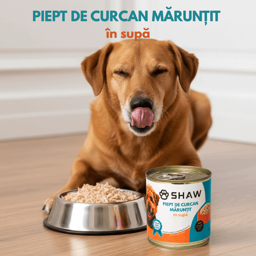 SET 12 - Hrană umedă premium pentru câini SHAW, Piept de Curcan Mărunțit în Supă, hrană completă, fără cereale, 200 g