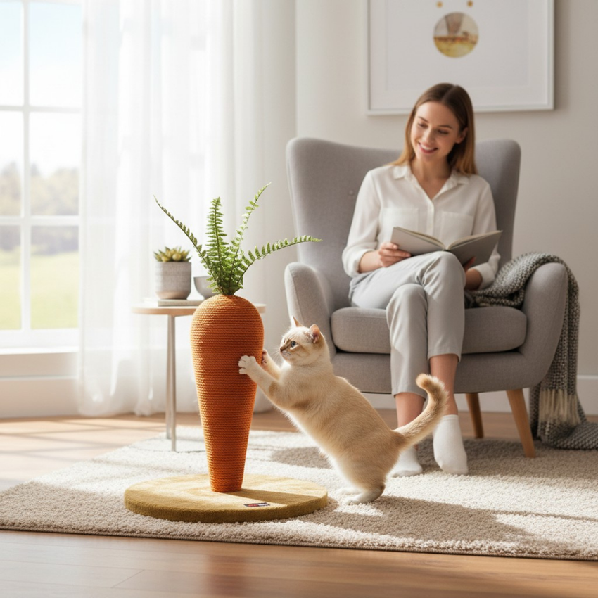 Stalp pentru zgariat pisici in forma de morcov, din MDF, cu sisal de 6 mm, inaltime 42 cm