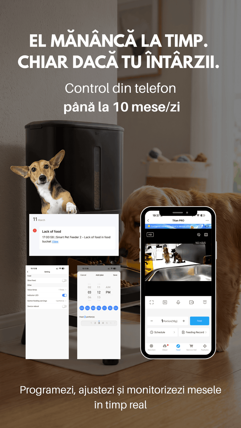 Hranitor automat smart SHAW® Titan PRO pentru caini, aplicatie mobila, camera video, 15L, programare hranire, negru