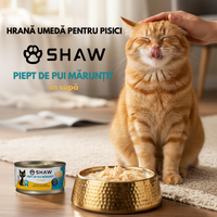 Hrana umeda premium SHAW pentru pisici adulte si mofturoase cu piept de pui maruntit in supa, fara cereale, 80g