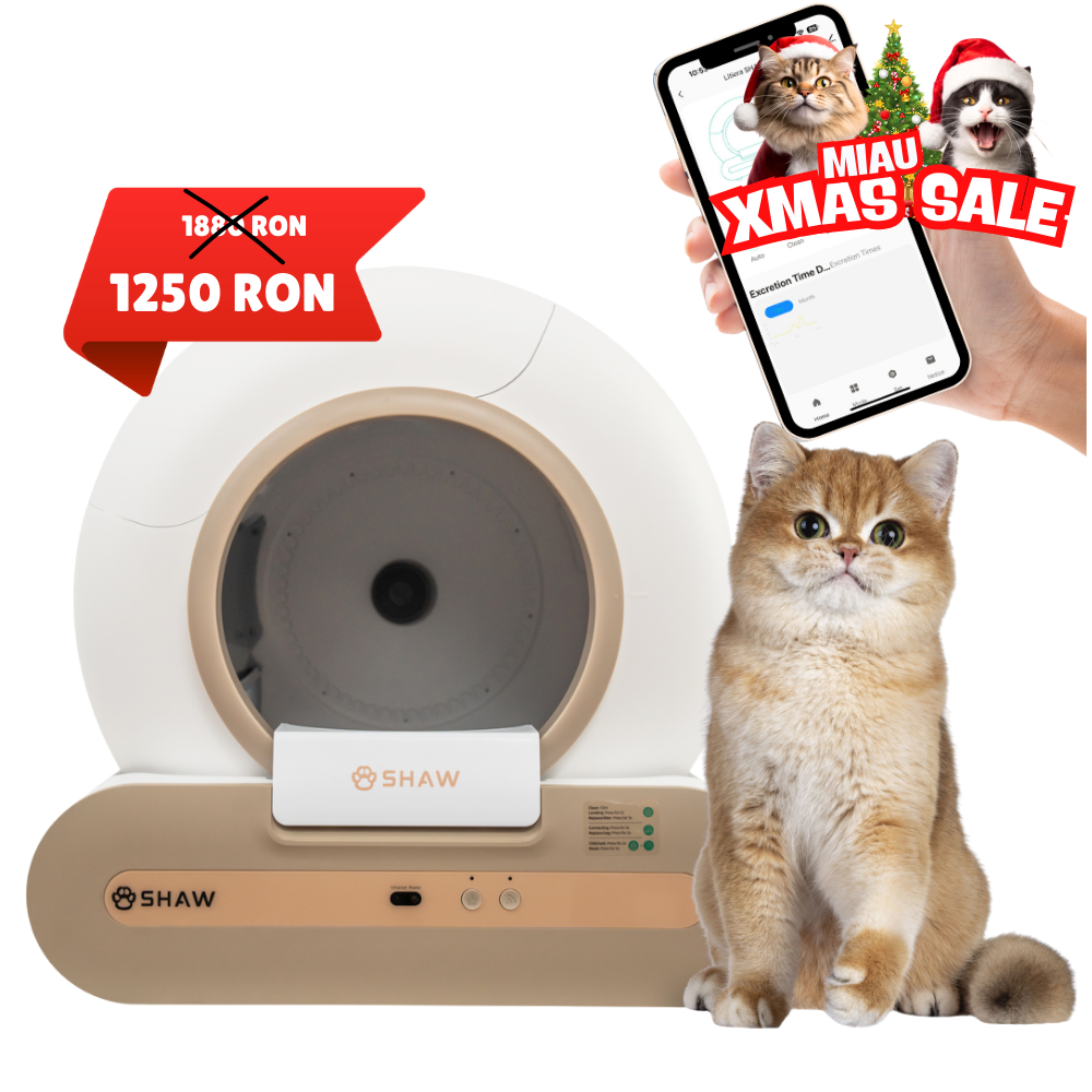 Litiera automata smart SHAW® Plus, pentru pisici, auto-curatare, eliminare mirosuri, aplicatie mobila, 9L