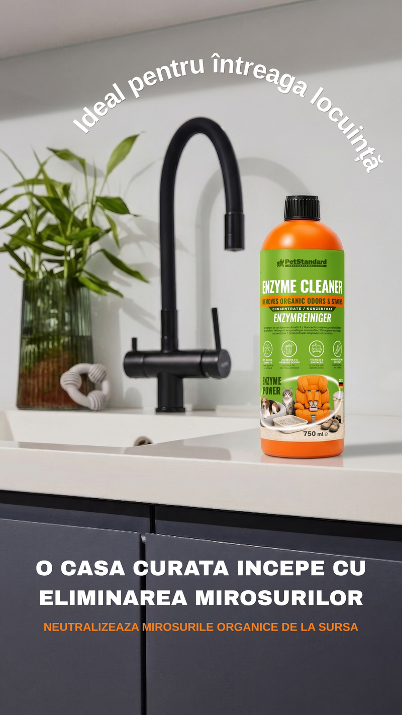 Solutie Profesionala Enzimatica Concentrata pentru Eliminarea Mirosurilor si Petelor PetStandard, 750 ml, Curatare Urina, Voma, Litiera, Textile si Suprafete