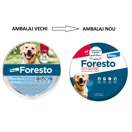 Foresto Zgarda antiparazitara caini peste 8 kg, lungime 70 cm, protectie impotriva puricilor si capuselor