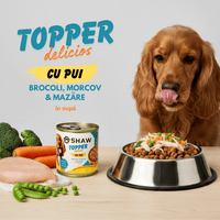 SET 12 - Topper premium pentru câini SHAW cu piept de pui, morcov, broccoli și mazăre în supă, hrană umedă complementară, 170 g
