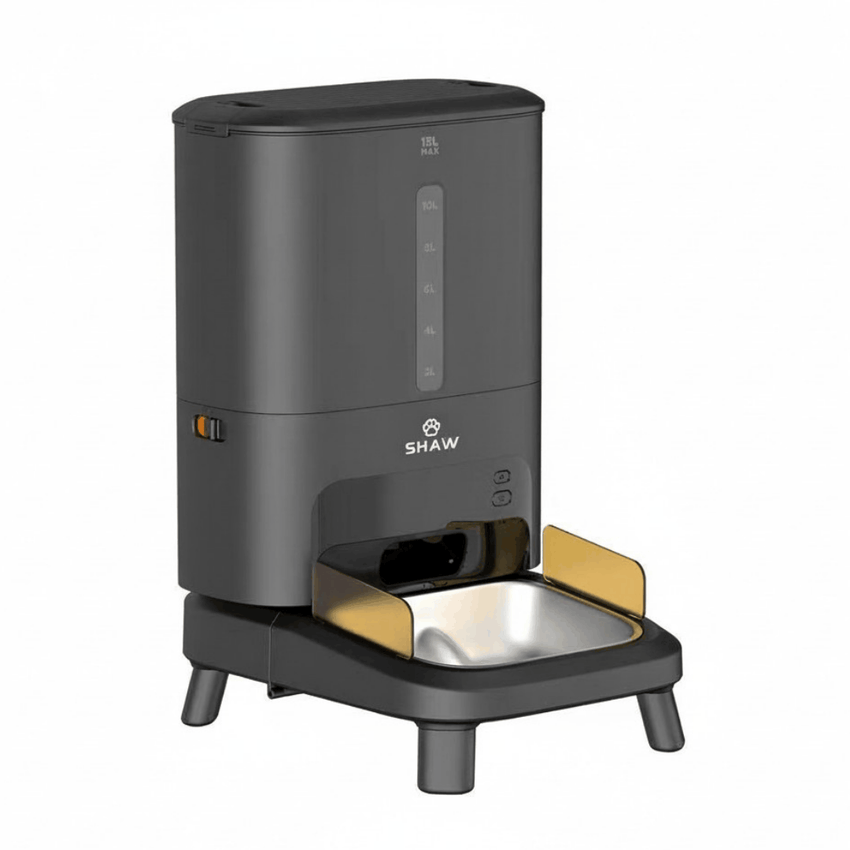 Hranitor automat smart SHAW® Titan PRO pentru caini, aplicatie mobila, camera video, 15L, programare hranire, negru