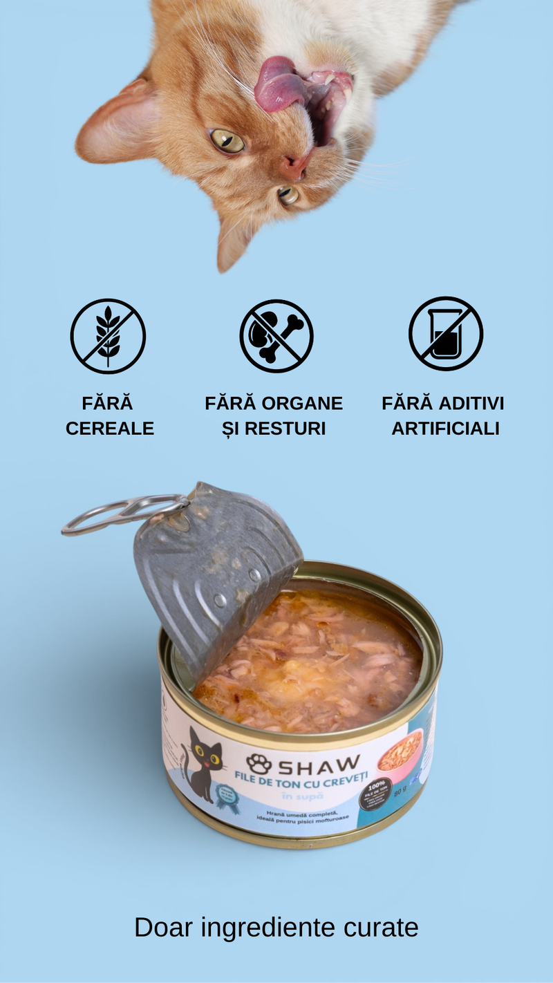 Hrana umeda premium SHAW pentru pisici adulte si mofturoase cu file de ton si creveti in supa, fara cereale, 80g