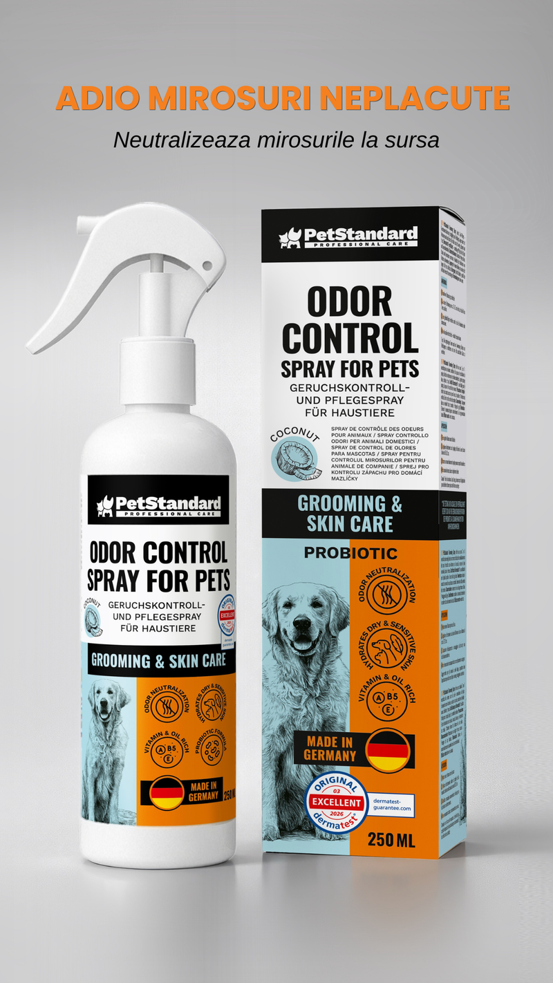 Spray Eliminare Mirosuri pentru Caini si Pisici PetStandard Odor Control 250 ml, cu Probiotice, Vitamine si Ulei de Cocos