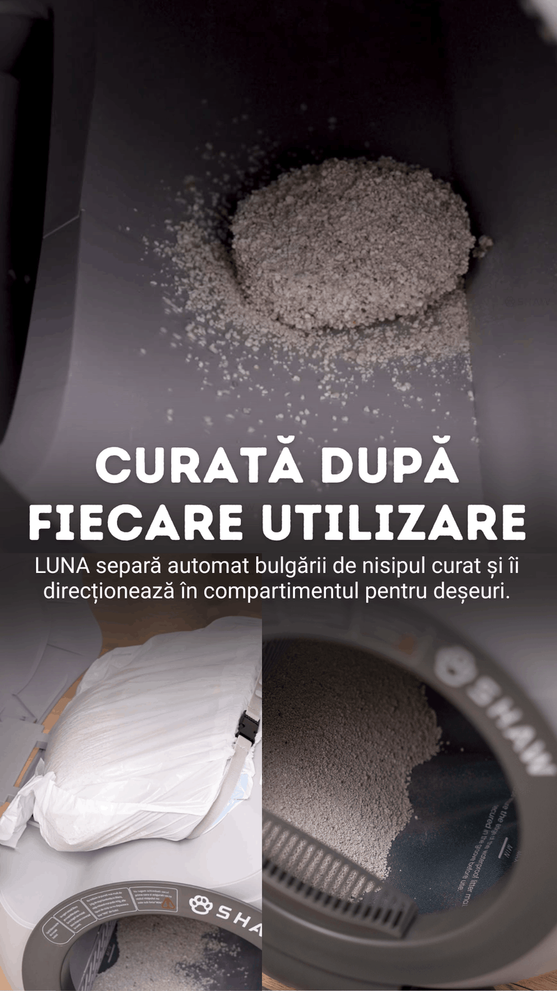 Litiera automata smart SHAW® LUNA pentru pisici, auto-curatare, izolare mirosuri, aplicatie mobila, 9L