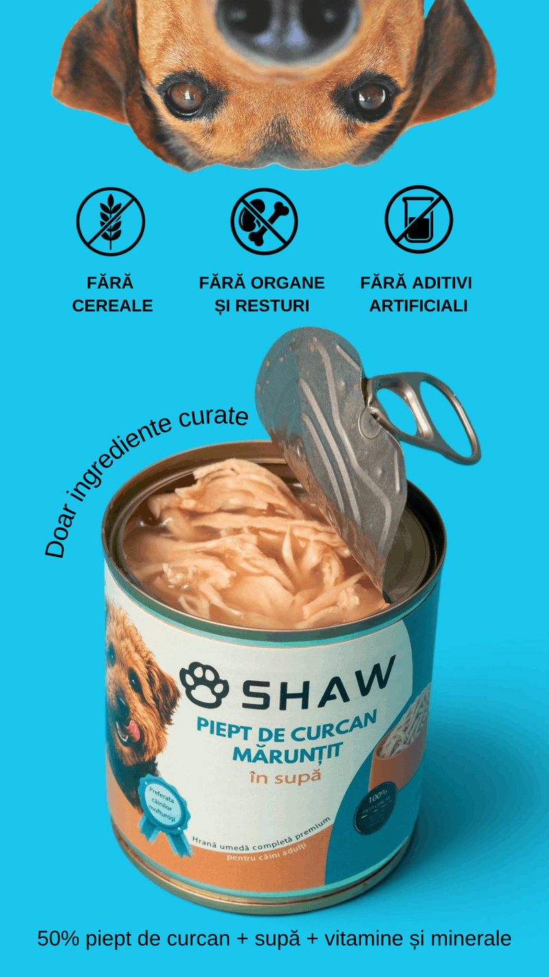 Hrană umedă premium pentru câini SHAW, Piept de Curcan Mărunțit în Supă, hrană completă, fără cereale, 200 g