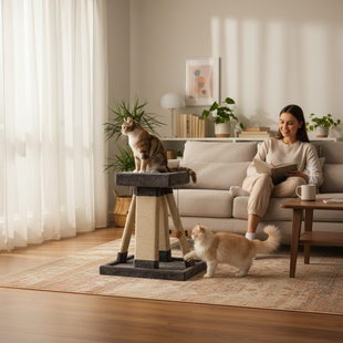 Ansamblu de catarat pentru pisici cu zone de zgariat si culcus superior, model tip piramida, MDF, inaltime 59 cm