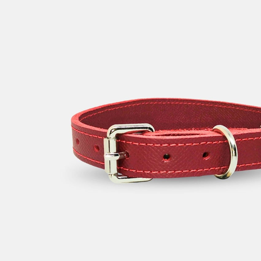 Zgarda caini din piele naturala, lata pentru protectia gatului, marime M, ajustabila 36–44 cm, rosu