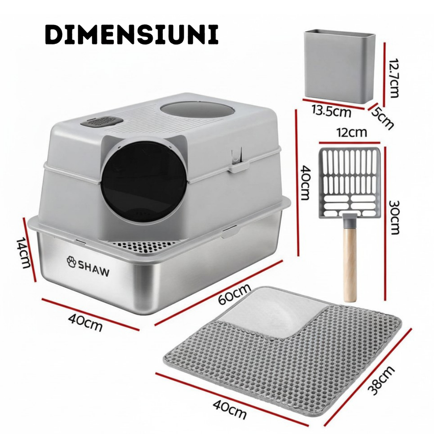 Litiera inox de colt 2 in 1  SHAW® XL pentru pisici, cu lopatica inclusa, intrare laterala, usor de curatat, rezistenta