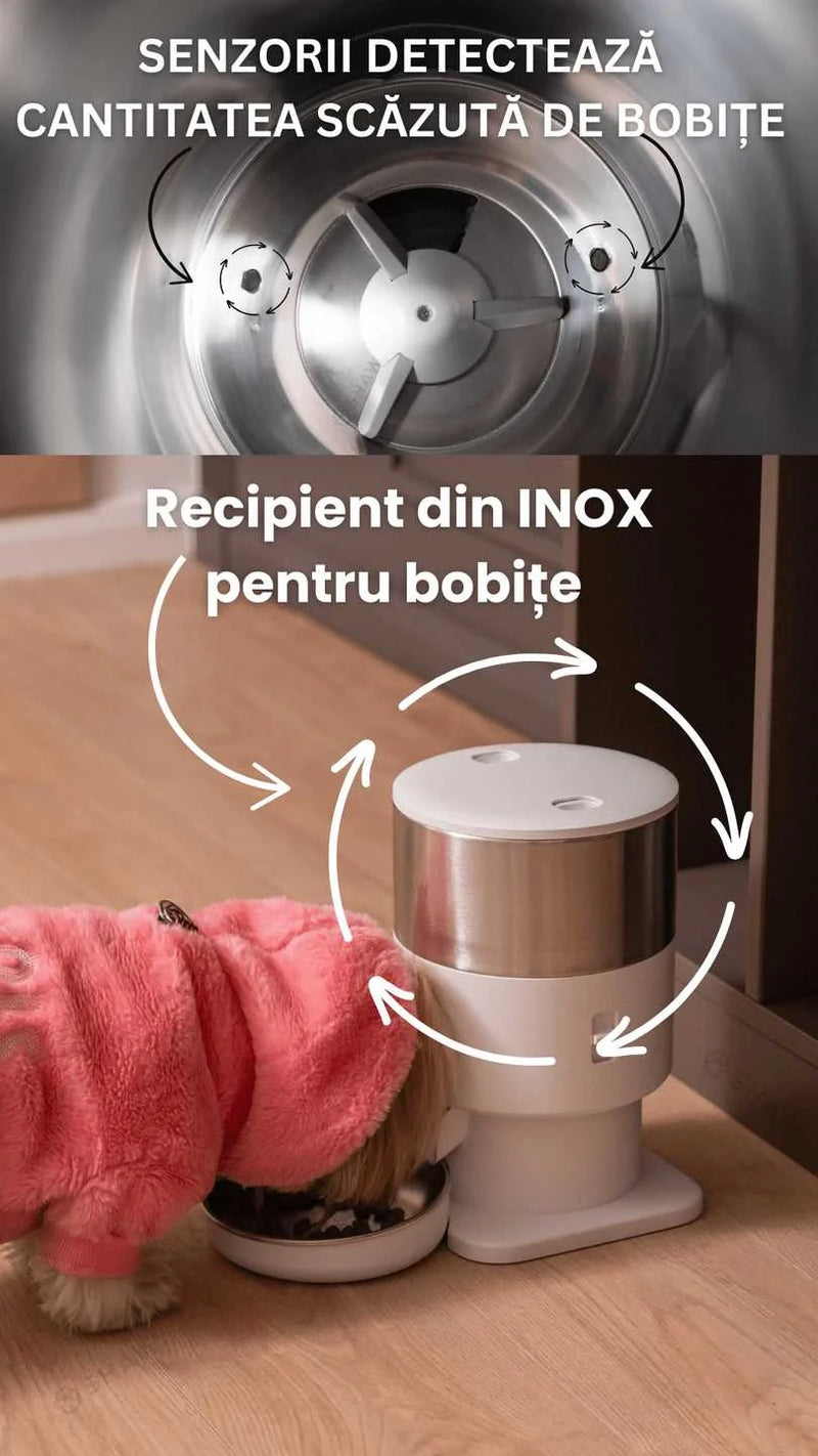 Hranitor automat Smart SHAW® PRO V3 mini pentru caini si pisici, Aplicatie mobila, Programare hrana, Alb