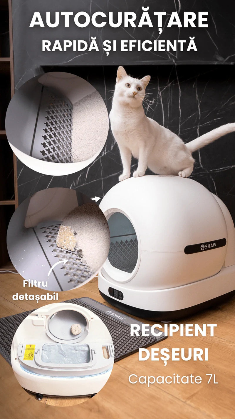 Litiera automata smart SHAW® Ultra View pentru pisici, camera video, auto-curatare, sterilizare UV, odorizant, aplicatie mobila