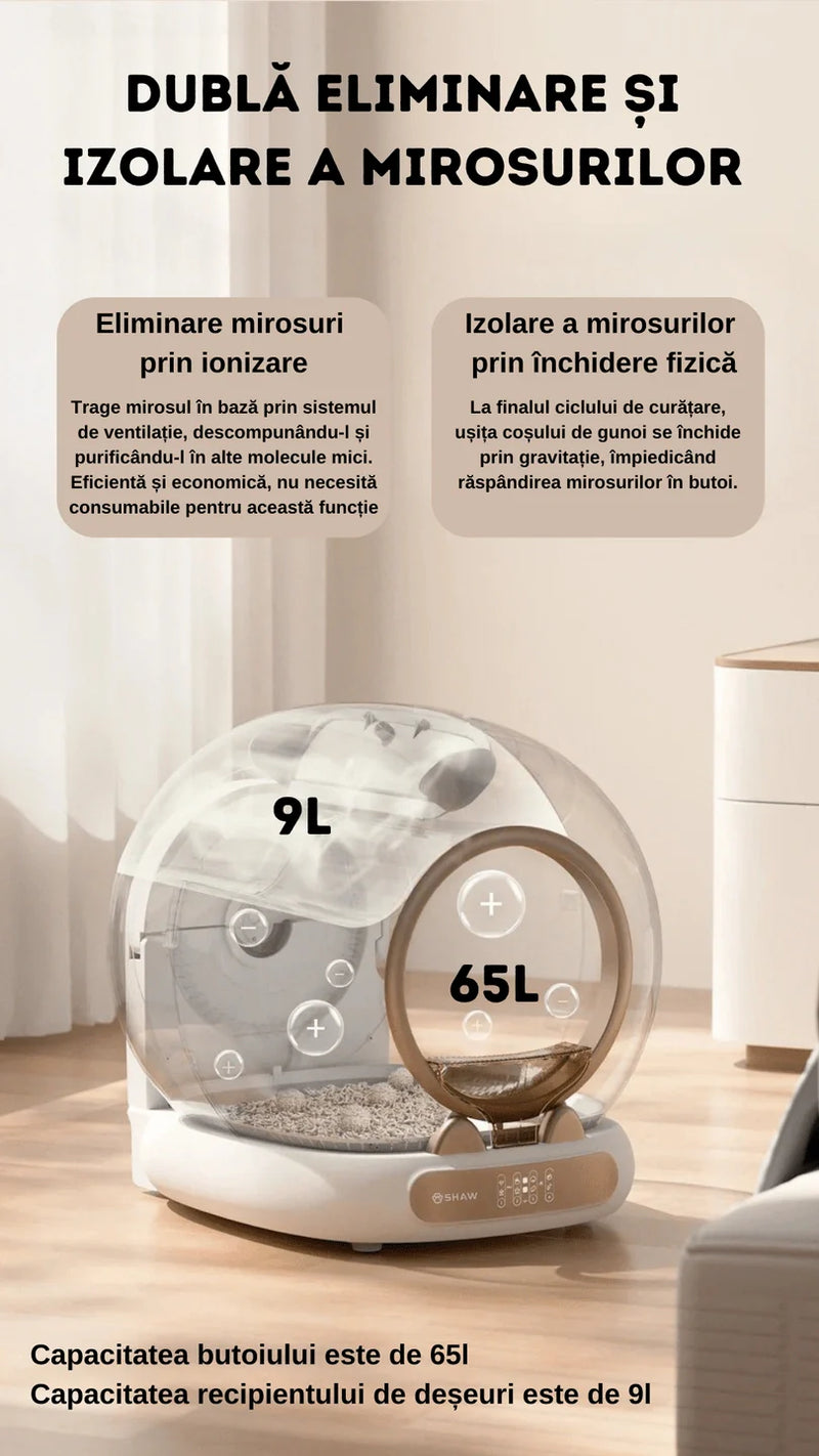 Litiera automata smart SHAW® V4 pentru pisici, auto-curatare, eliminare mirosuri prin ionizare, aplicatie mobila, 9L