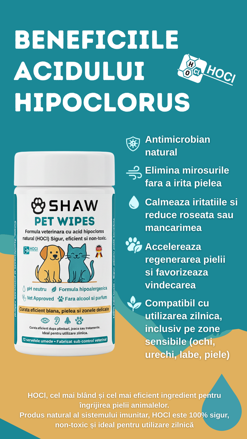 Servetele umede SHAW Pet Wipes pentru caini si pisici, cu acid hipocloros HOCl, non-toxic, hipoalergenic, vet approved